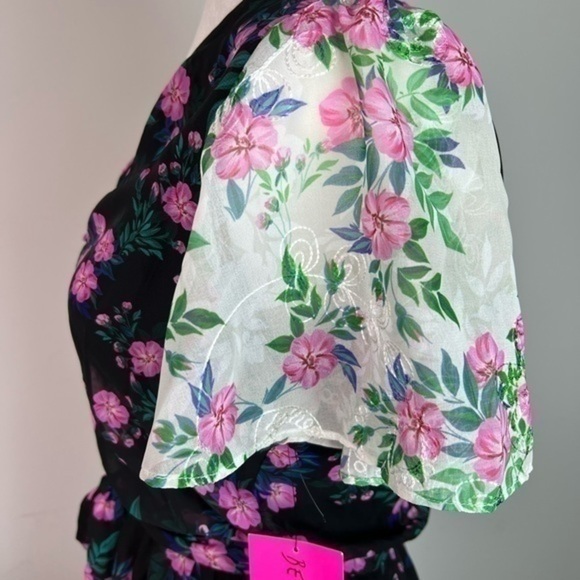 Betsey Johnson Floral Belted A-Line Dress Blue Pink Size 4 NWT V-Neck Party - Picture 11 of 14